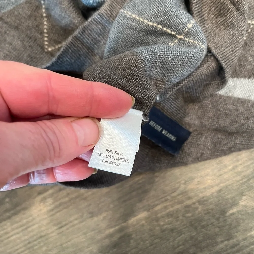 Banana Republic Sweater Mens XL Silk Cashmere Argyle Diamond Preppy Brown/gray